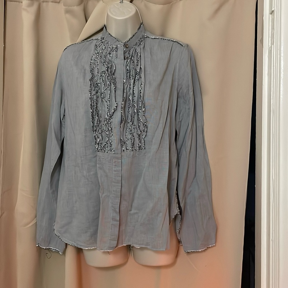 820 Caliban grey blouse ruffle front size 42